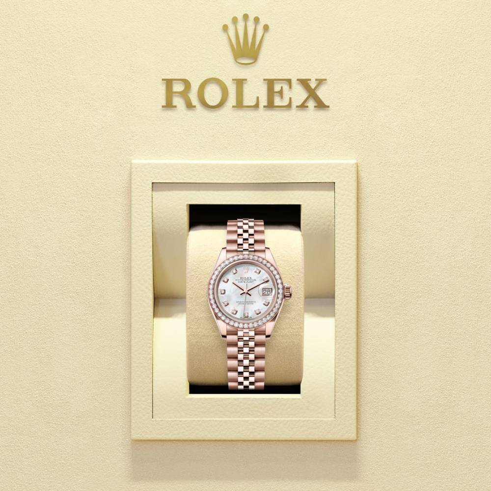 Rolex Lady-Datejust 28mm - Ref: 279135rbr-0019 - White Mother of Pearl Diamond Dial, 18K Rose Gold Jubilee Bracelet Women's Watch