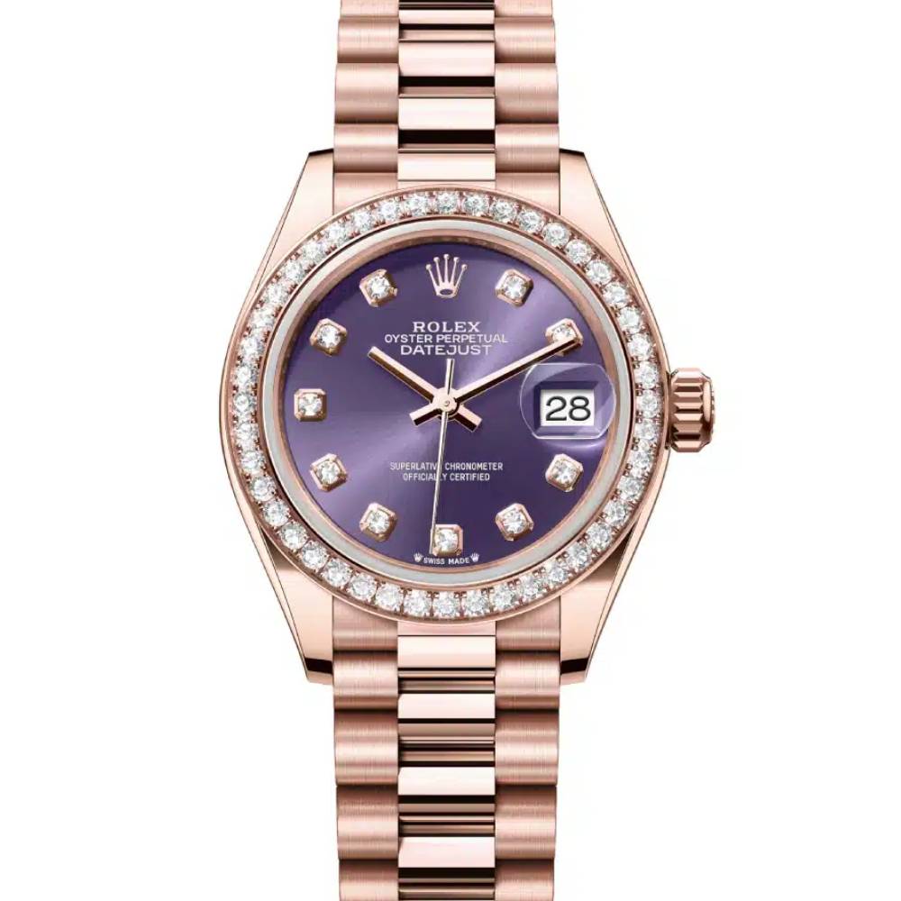 Rolex Lady Datejust 28mm - Ref: 279135rbr-0020 - Aubergine Purple Dial, 18K Rose Gold President Bracelet Women's Watch