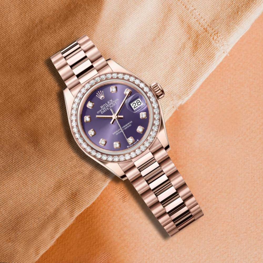 Rolex Lady Datejust 28mm - Ref: 279135rbr-0020 - Aubergine Purple Dial, 18K Rose Gold President Bracelet Women's Watch