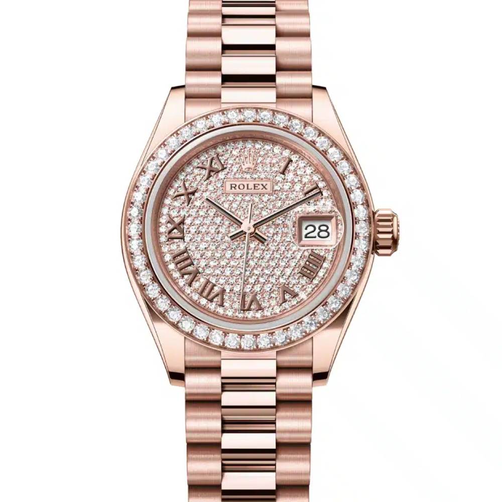 Rolex Lady-Datejust 28mm - Ref: 279135rbr-0021 - Roman Diamond Pave Dial & Diamond Bezel, 18K Rose Gold Presidential Bracelet Women's Watch