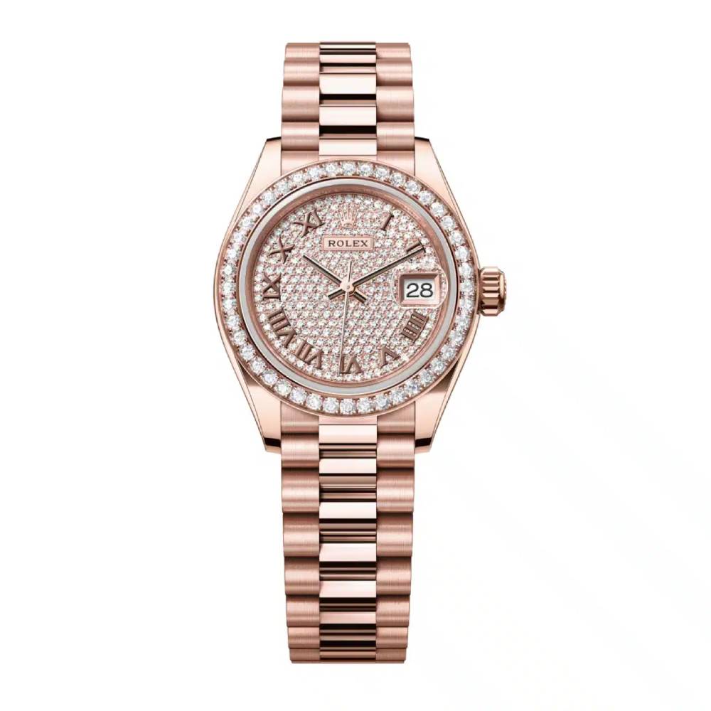 Rolex Lady-Datejust 28mm - Ref: 279135rbr-0021 - Roman Diamond Pave Dial & Diamond Bezel, 18K Rose Gold Presidential Bracelet Women's Watch