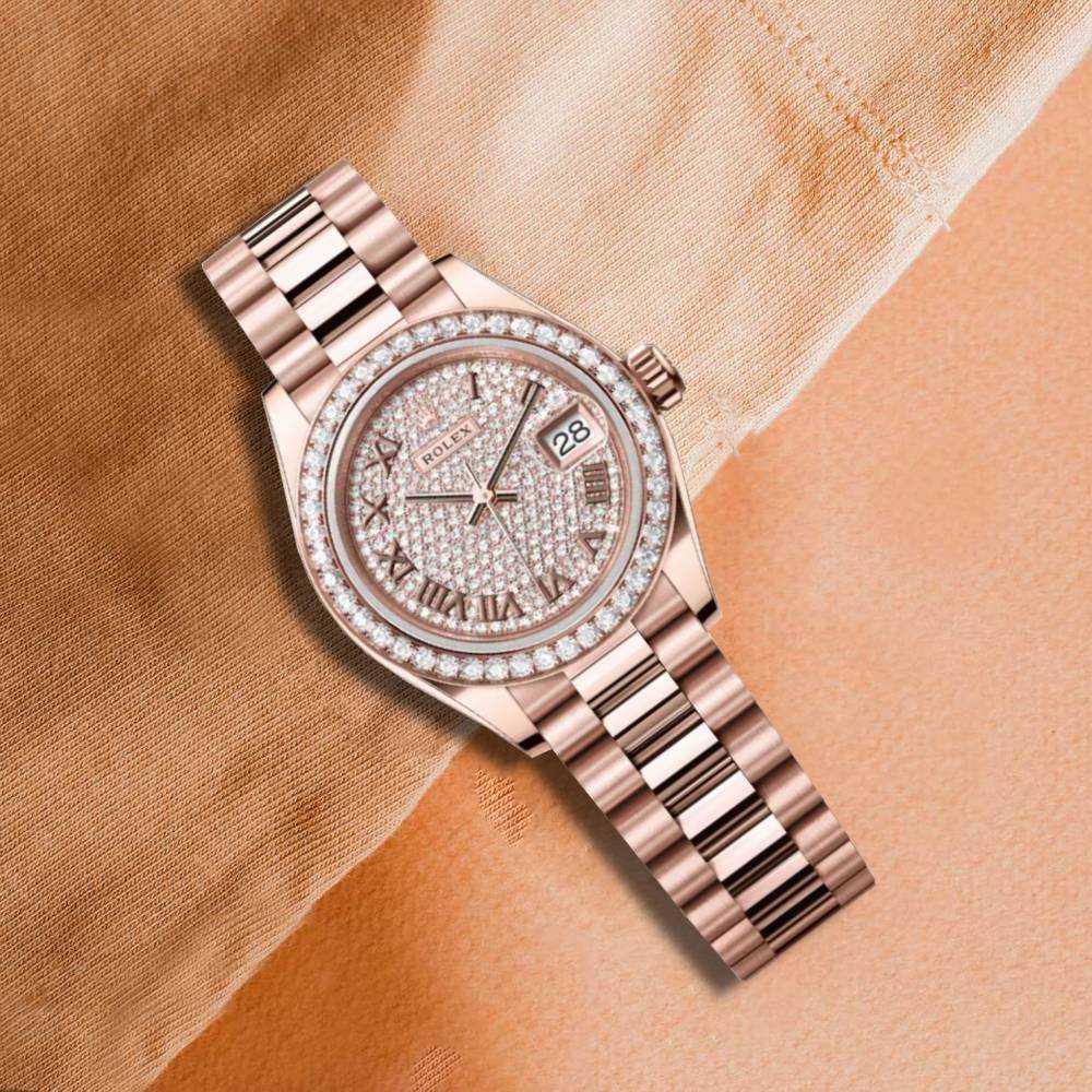 Rolex Lady-Datejust 28mm - Ref: 279135rbr-0021 - Roman Diamond Pave Dial & Diamond Bezel, 18K Rose Gold Presidential Bracelet Women's Watch