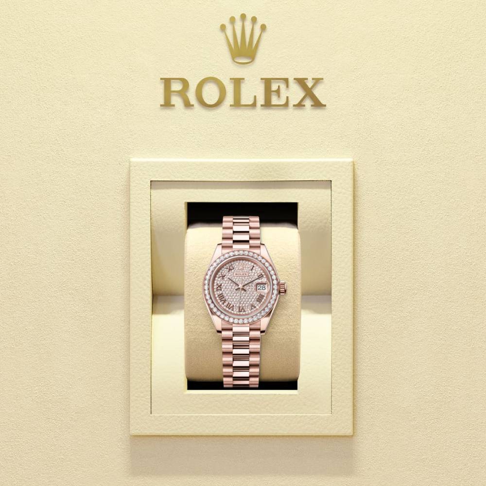 Rolex Lady-Datejust 28mm - Ref: 279135rbr-0021 - Roman Diamond Pave Dial & Diamond Bezel, 18K Rose Gold Presidential Bracelet Women's Watch