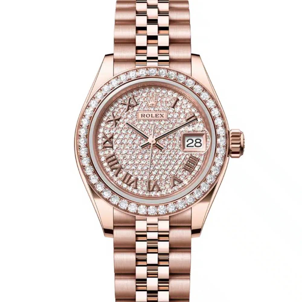 Rolex Lady-Datejust 28mm - Ref: 279135rbr-0022 - Roman Diamond Pave Dial & Diamond Bezel, 18K Rose Gold Jubilee Bracelet Women's Watch