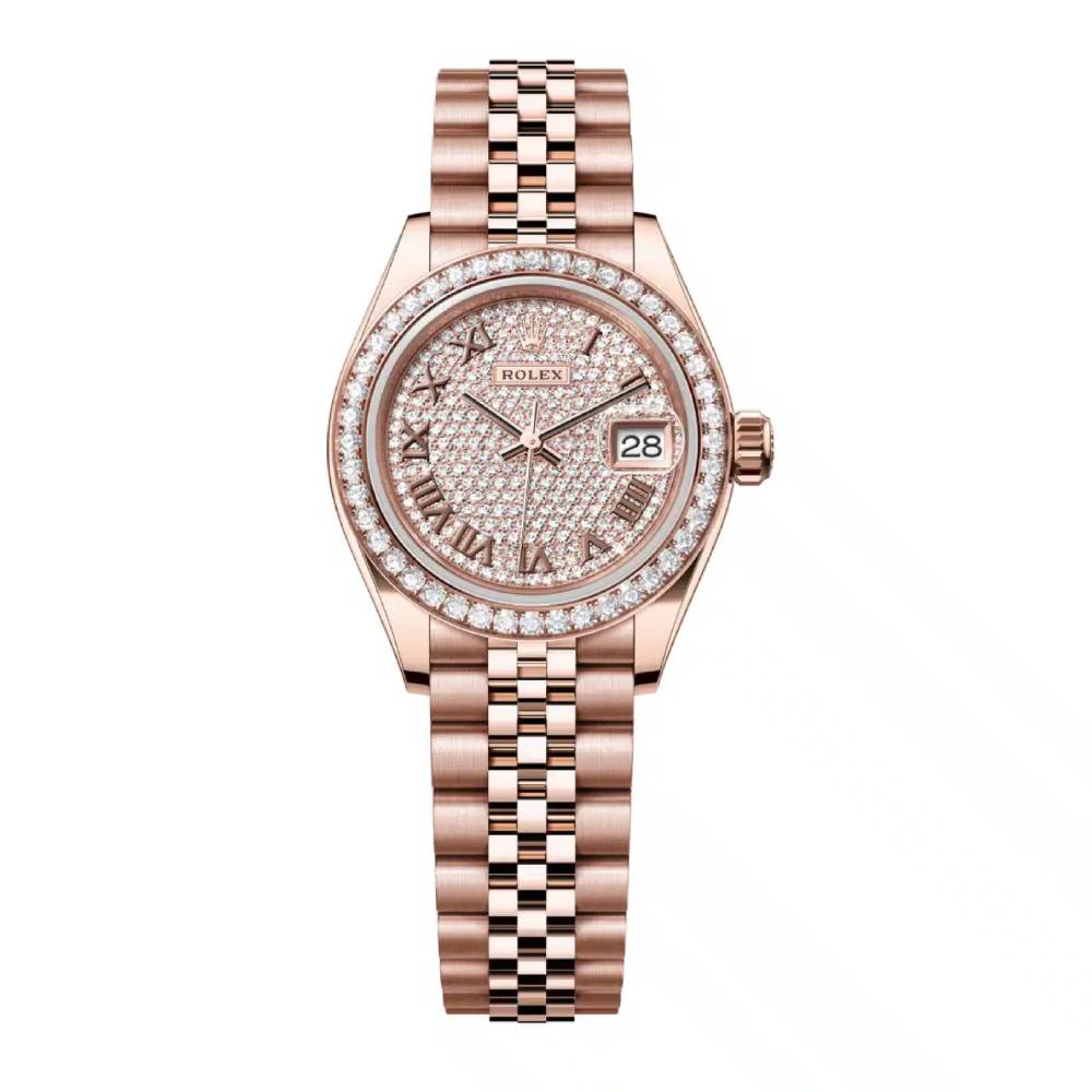 Rolex Lady-Datejust 28mm - Ref: 279135rbr-0022 - Roman Diamond Pave Dial & Diamond Bezel, 18K Rose Gold Jubilee Bracelet Women's Watch