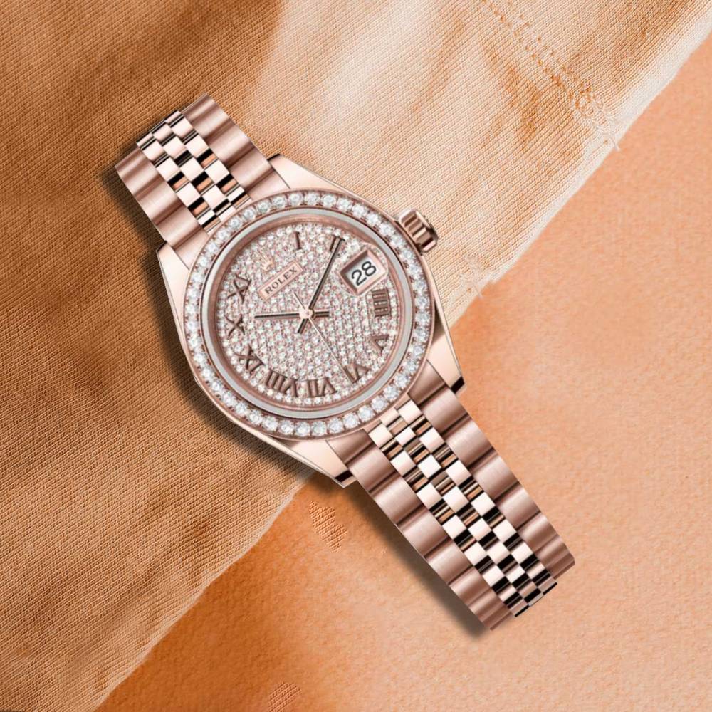 Rolex Lady-Datejust 28mm - Ref: 279135rbr-0022 - Roman Diamond Pave Dial & Diamond Bezel, 18K Rose Gold Jubilee Bracelet Women's Watch