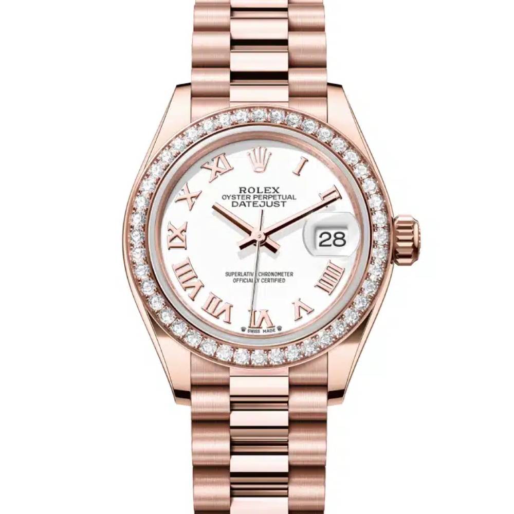 Rolex Lady-Datejust 28mm - Ref: 279135rbr-0023 - White Roman Dial & Diamond Bezel, 18K Rose Gold Presidential Bracelet Women's Watch