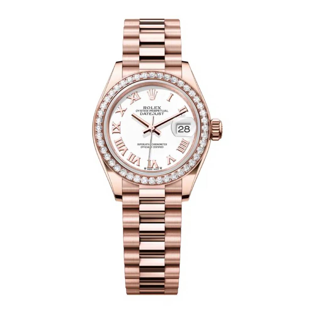 Rolex Lady-Datejust 28mm - Ref: 279135rbr-0023 - White Roman Dial & Diamond Bezel, 18K Rose Gold Presidential Bracelet Women's Watch