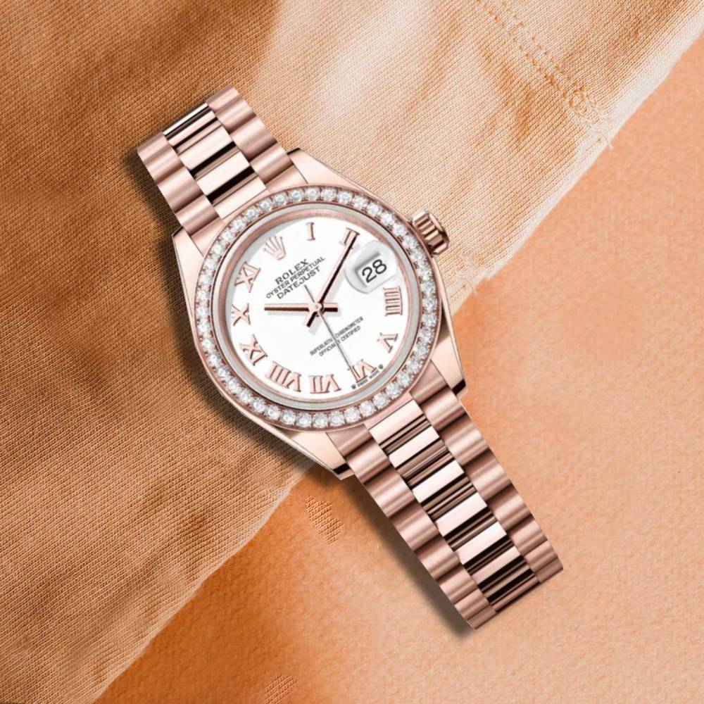 Rolex Lady-Datejust 28mm - Ref: 279135rbr-0023 - White Roman Dial & Diamond Bezel, 18K Rose Gold Presidential Bracelet Women's Watch