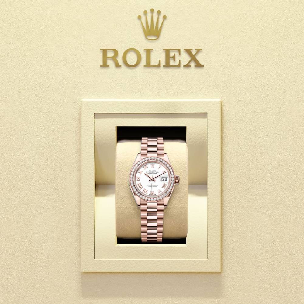 Rolex Lady-Datejust 28mm - Ref: 279135rbr-0023 - White Roman Dial & Diamond Bezel, 18K Rose Gold Presidential Bracelet Women's Watch