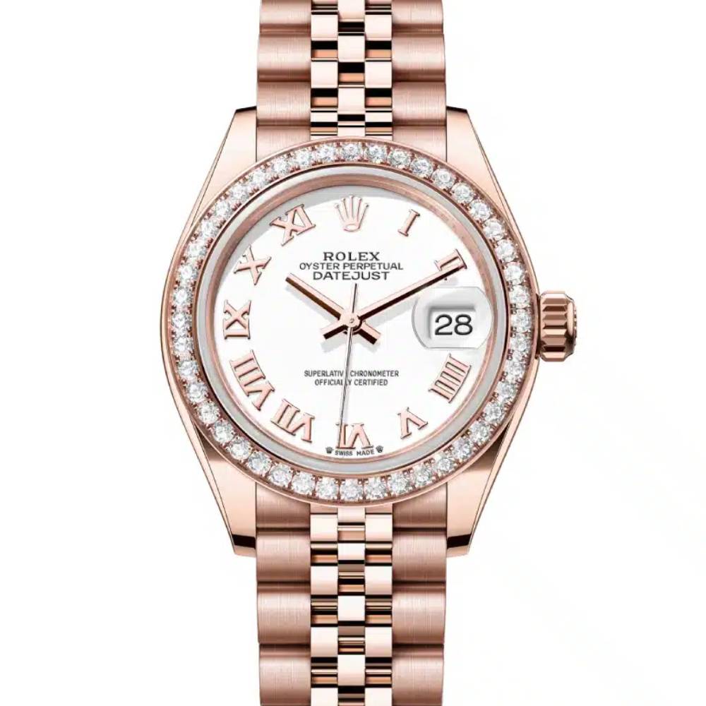 Rolex Lady-Datejust 28mm - Ref: 279135rbr-0024 - White Roman Dial & Diamond Bezel, 18K Rose Gold Jubilee Bracelet Women's Watch