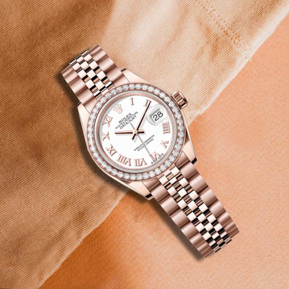 Rolex Lady-Datejust 28mm - Ref: 279135rbr-0024 - White Roman Dial & Diamond Bezel, 18K Rose Gold Jubilee Bracelet Women's Watch