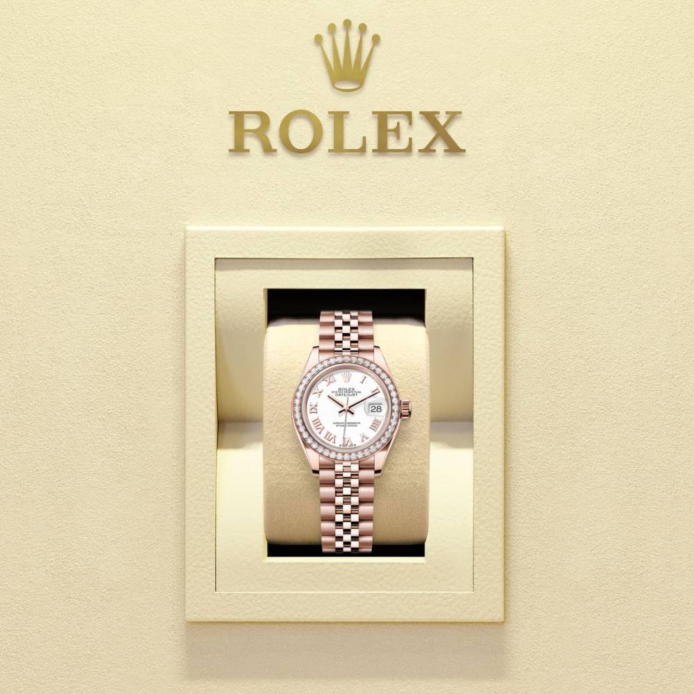 Rolex Lady-Datejust 28mm - Ref: 279135rbr-0024 - White Roman Dial & Diamond Bezel, 18K Rose Gold Jubilee Bracelet Women's Watch