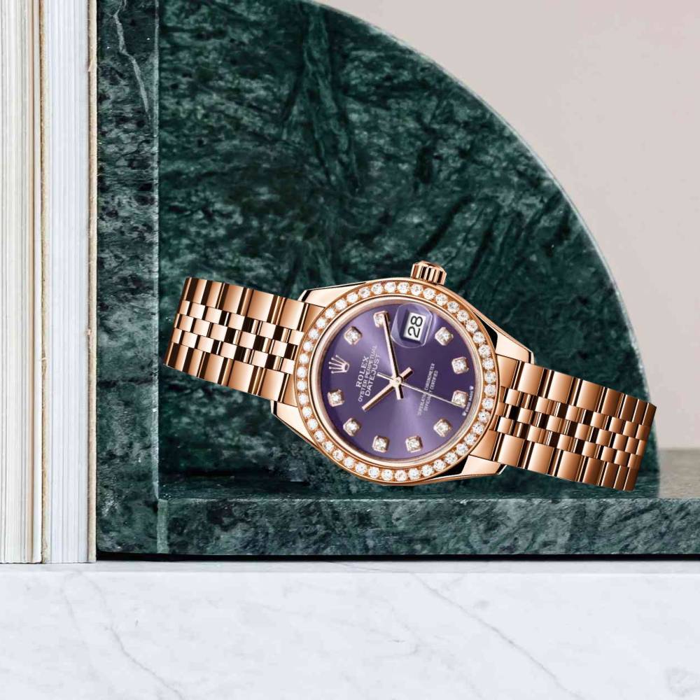 Rolex Lady Datejust 28mm - Ref: 279135rbr adj - Aubergine Purple Dial, 18K Rose Gold Jubilee Bracelet Women's Watch