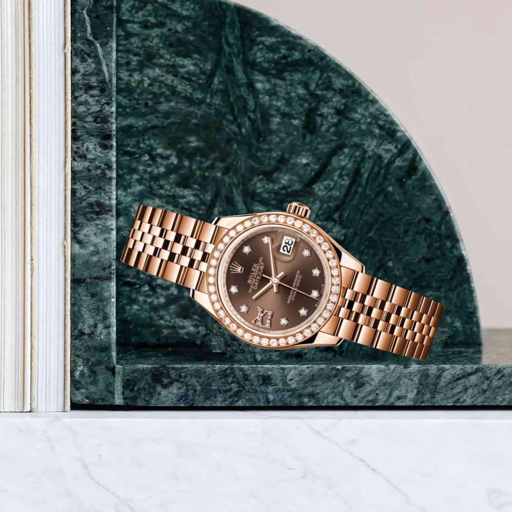 Rolex Lady Datejust 28mm - Ref: 279135rbr cho9dix8dj - Chocolate Dial & Diamond Bezel, 18K Rose Gold Jubilee Bracelet Women's Watch
