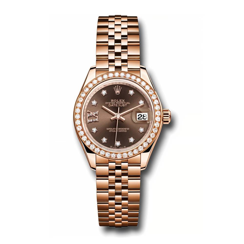 Rolex Lady Datejust 28mm - Ref: 279135rbr cho9dix8dj - Chocolate Dial & Diamond Bezel, 18K Rose Gold Jubilee Bracelet Women's Watch