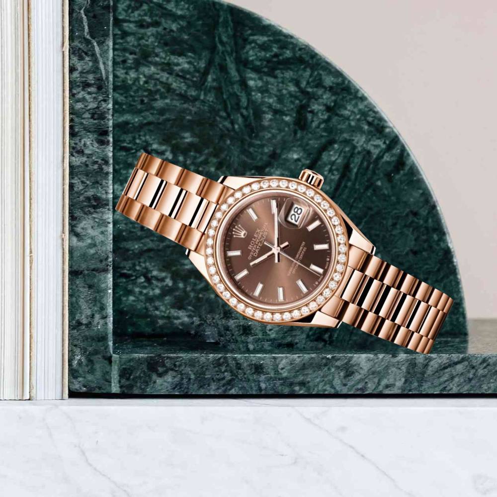 Rolex Lady Datejust 28mm - Ref: 279135rbr choip - Chocolate Dial & Diamond Bezel, 18K Rose Gold Oyster Bracelet Women's Watch