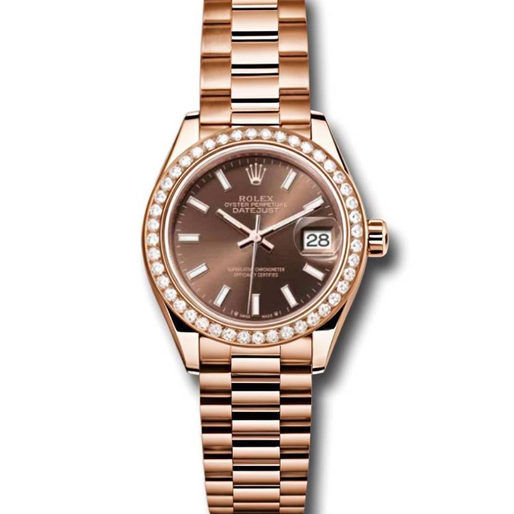 Rolex Lady Datejust 28mm - Ref: 279135rbr choip - Chocolate Dial & Diamond Bezel, 18K Rose Gold Oyster Bracelet Women's Watch