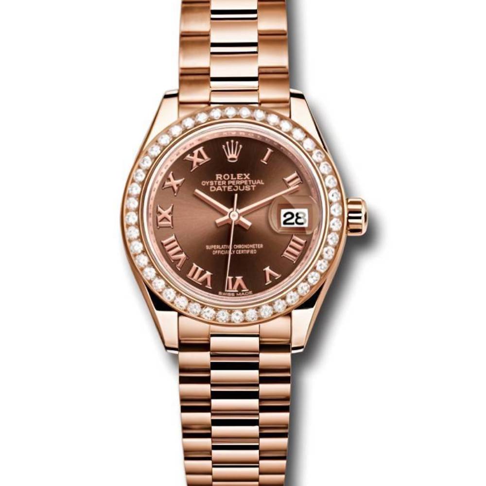 Rolex Lady Datejust 28mm - Ref: 279135rbr chorp - Chocolate Dial & Diamond Bezel, 18K Rose Gold Oyster Bracelet Women's Watch