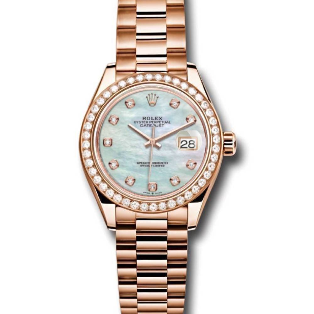 Rolex Lady Datejust 28mm - Ref: 279135rbr mdp - White Mother of Pearl Dial & Diamond Bezel, 18K Rose Gold Oyster Bracelet Women's Watch