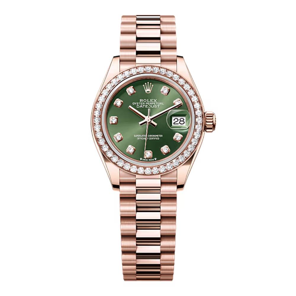 Rolex Lady Datejust 28mm - Ref: 279135rbr ogdp - Green Dial, 18K Rose Gold Oyster Bracelet Women's Watch