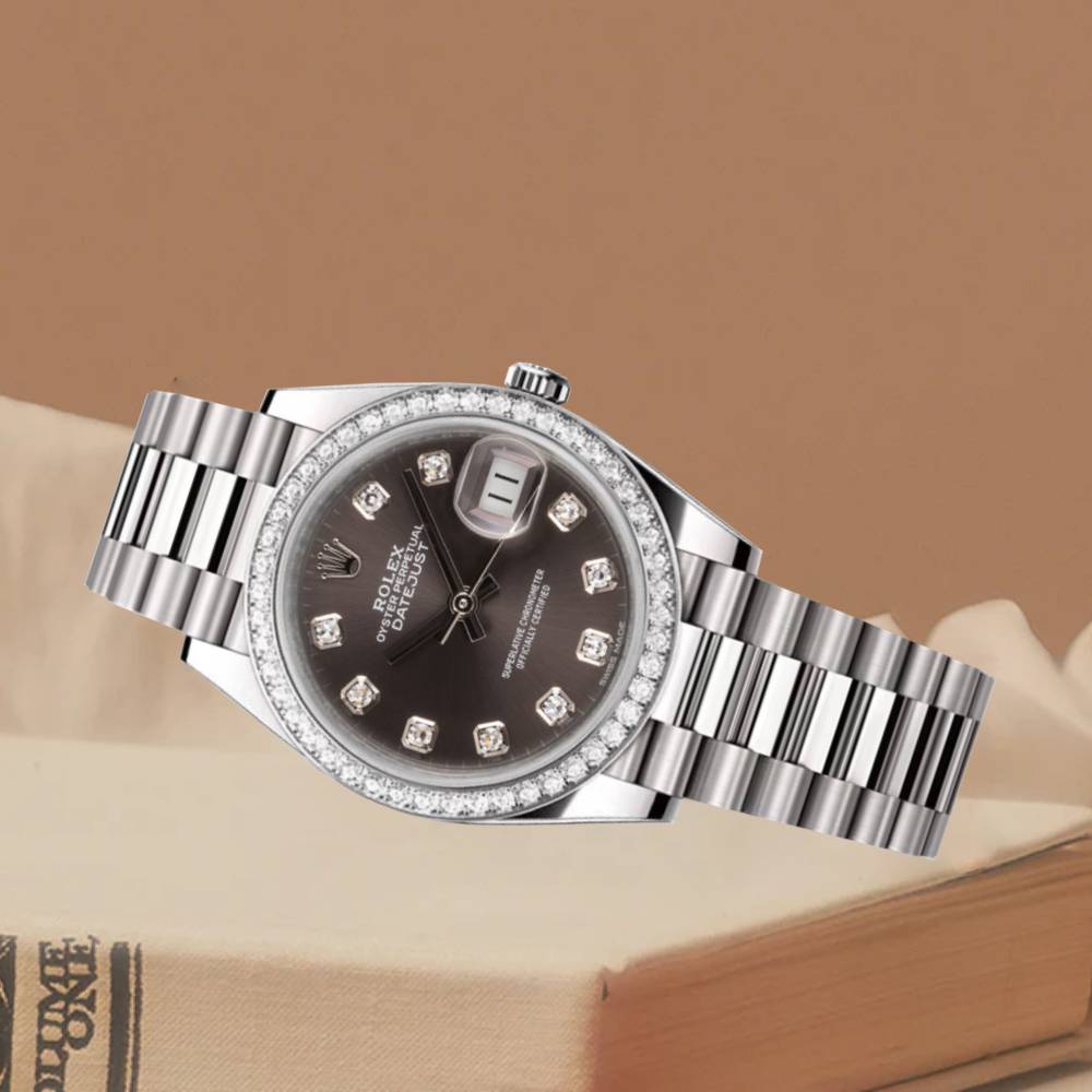 Rolex Lady-Datejust 28mm - Ref: 279136RBR dkgdp - Grey Diamond Dial & Diamond Bezel, Platinum Presidential Bracelet Women's Watch