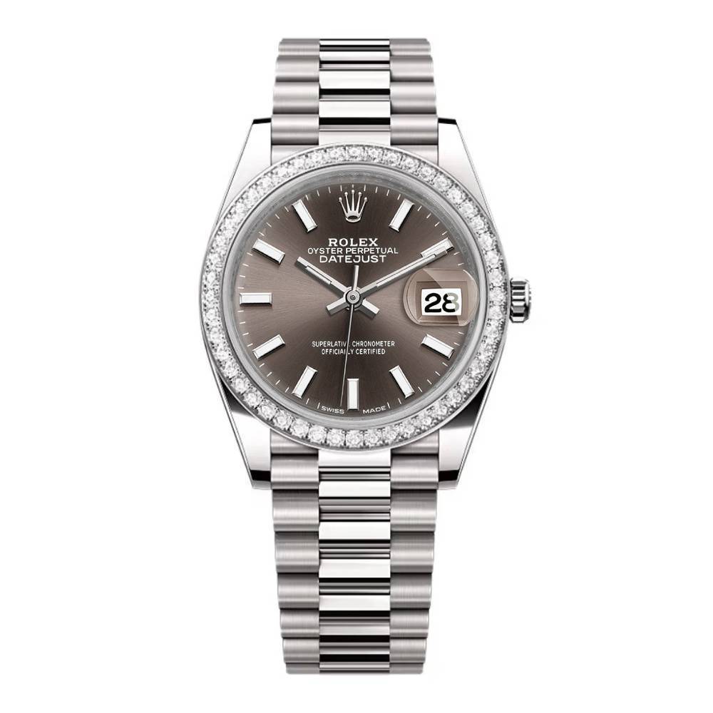 Rolex Lady-Datejust 28mm - Ref: 279136RBR dkgip - Grey Stick Dial & Diamond Bezel, Platinum Presidential Bracelet Women's Watch