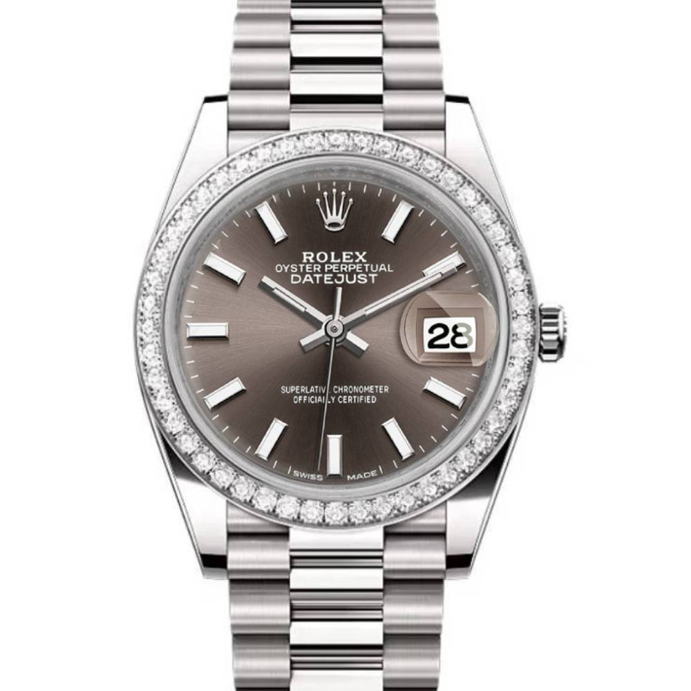 Rolex Lady-Datejust 28mm - Ref: 279136RBR dkgip - Grey Stick Dial & Diamond Bezel, Platinum Presidential Bracelet Women's Watch