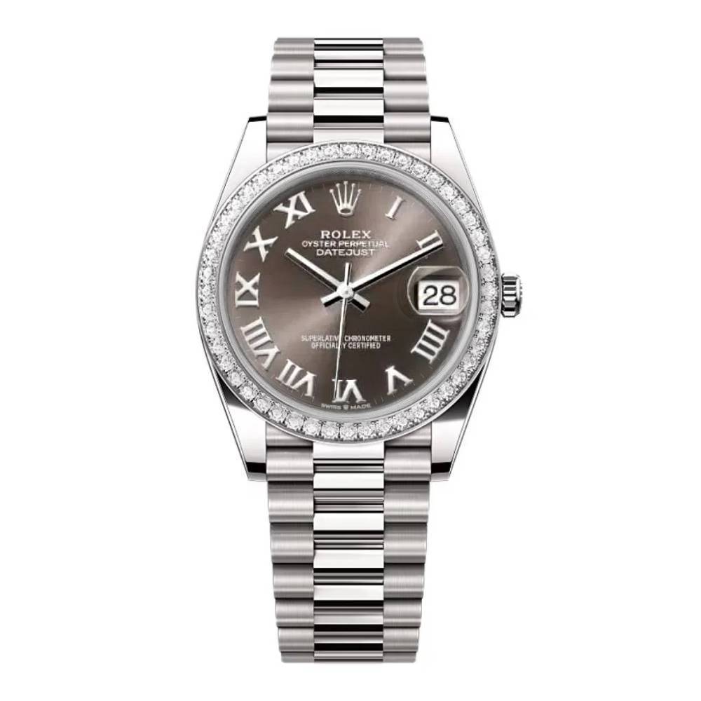 Rolex Lady-Datejust 28mm - Ref: 279136RBR dkgrp - Grey Roman Dial & Diamond Bezel, Platinum Presidential Bracelet Women's Watch