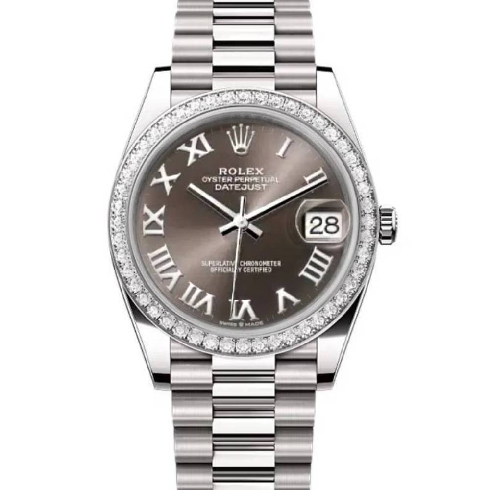 Rolex Lady-Datejust 28mm - Ref: 279136RBR dkgrp - Grey Roman Dial & Diamond Bezel, Platinum Presidential Bracelet Women's Watch