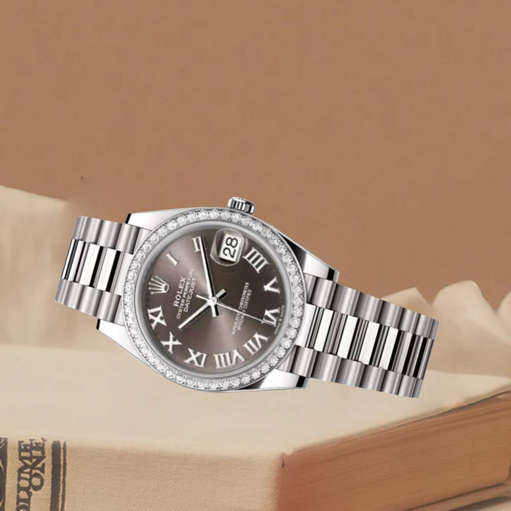 Rolex Lady-Datejust 28mm - Ref: 279136RBR dkgrp - Grey Roman Dial & Diamond Bezel, Platinum Presidential Bracelet Women's Watch