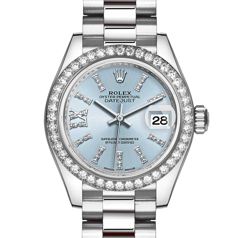 Rolex Lady-Datejust 28mm - Ref: 279136RBR ib36dix8dp - Ice Blue Roman Diamond Dial & Diamond Bezel, Platinum Presidential Bracelet Women's Watch