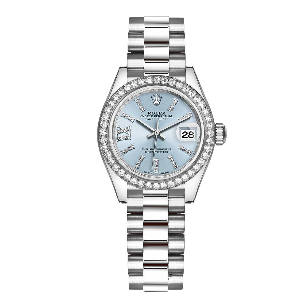 Rolex Lady-Datejust 28mm - Ref: 279136RBR ib36dix8dp - Ice Blue Roman Diamond Dial & Diamond Bezel, Platinum Presidential Bracelet Women's Watch