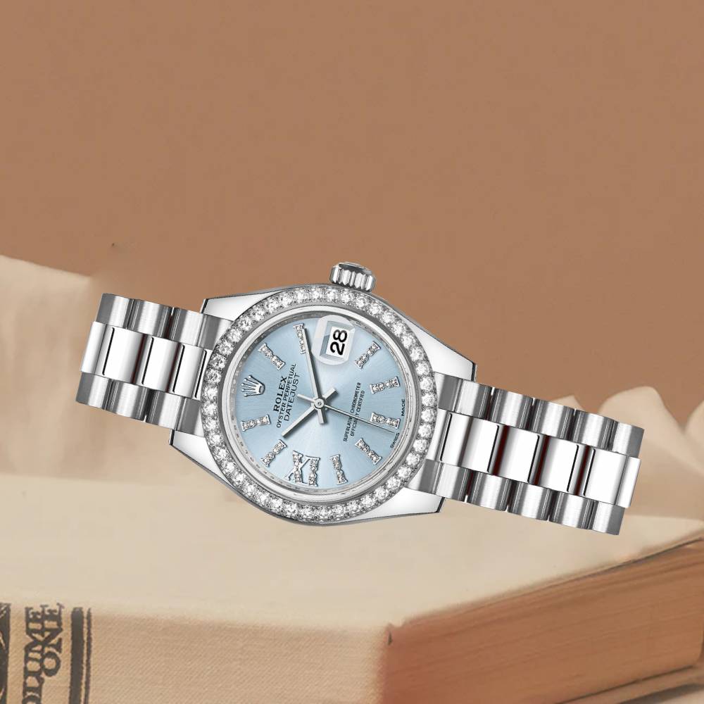 Rolex Lady-Datejust 28mm - Ref: 279136RBR ib36dix8dp - Ice Blue Roman Diamond Dial & Diamond Bezel, Platinum Presidential Bracelet Women's Watch