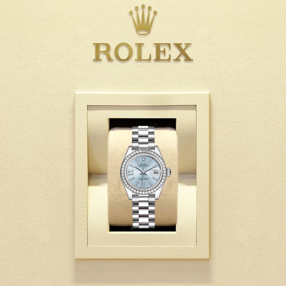 Rolex Lady-Datejust 28mm - Ref: 279136RBR ib36dix8dp - Ice Blue Roman Diamond Dial & Diamond Bezel, Platinum Presidential Bracelet Women's Watch