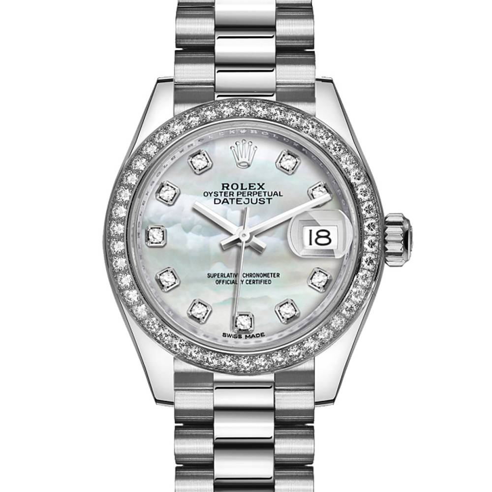 Rolex Lady-Datejust 28mm - Ref: 279136RBR mdp - White Mother of Pearl Diamond Dial & Diamond Bezel, Platinum Presidential Bracelet Women's Watch