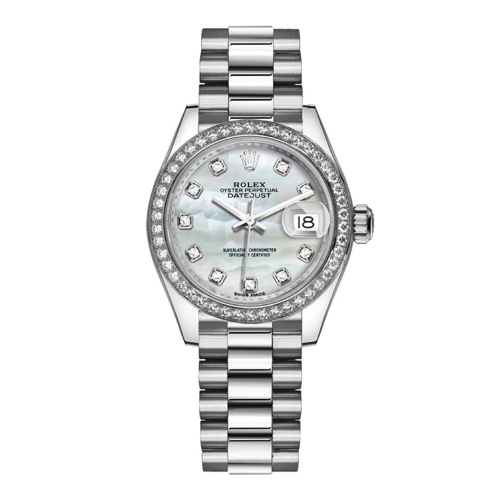 Rolex Lady-Datejust 28mm - Ref: 279136RBR mdp - White Mother of Pearl Diamond Dial & Diamond Bezel, Platinum Presidential Bracelet Women's Watch