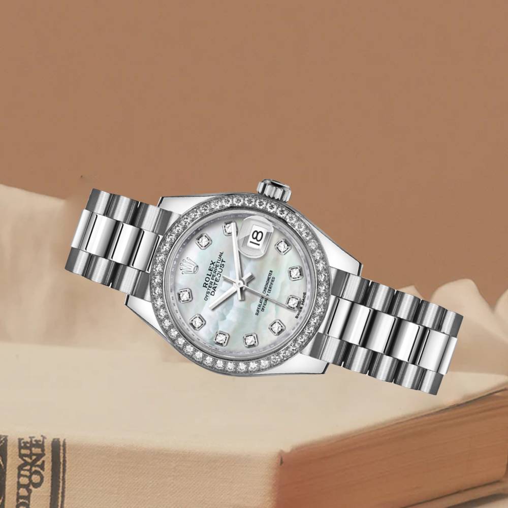 Rolex Lady-Datejust 28mm - Ref: 279136RBR mdp - White Mother of Pearl Diamond Dial & Diamond Bezel, Platinum Presidential Bracelet Women's Watch