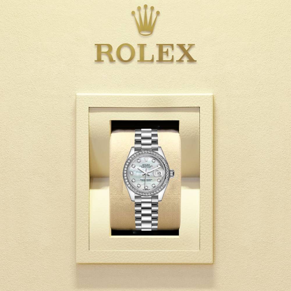 Rolex Lady-Datejust 28mm - Ref: 279136RBR mdp - White Mother of Pearl Diamond Dial & Diamond Bezel, Platinum Presidential Bracelet Women's Watch