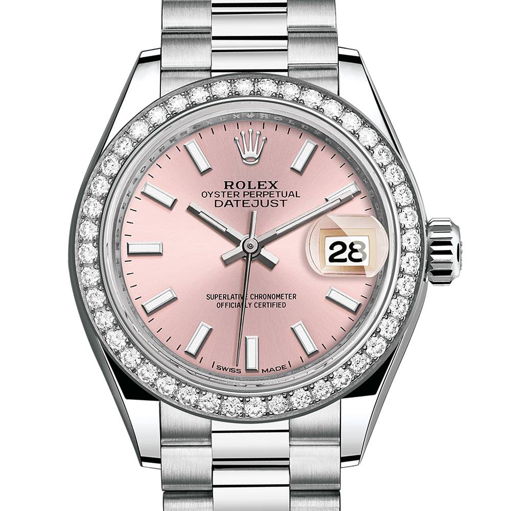 Rolex Lady-Datejust 28mm - Ref: 279136RBR pip - Pink Stick Dial & Diamond Bezel, Platinum Presidential Bracelet Women's Watch