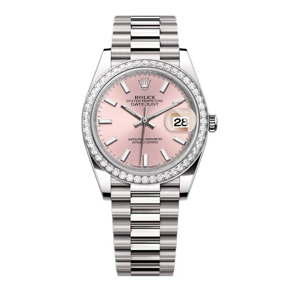 Rolex Lady-Datejust 28mm - Ref: 279136RBR pip - Pink Stick Dial & Diamond Bezel, Platinum Presidential Bracelet Women's Watch