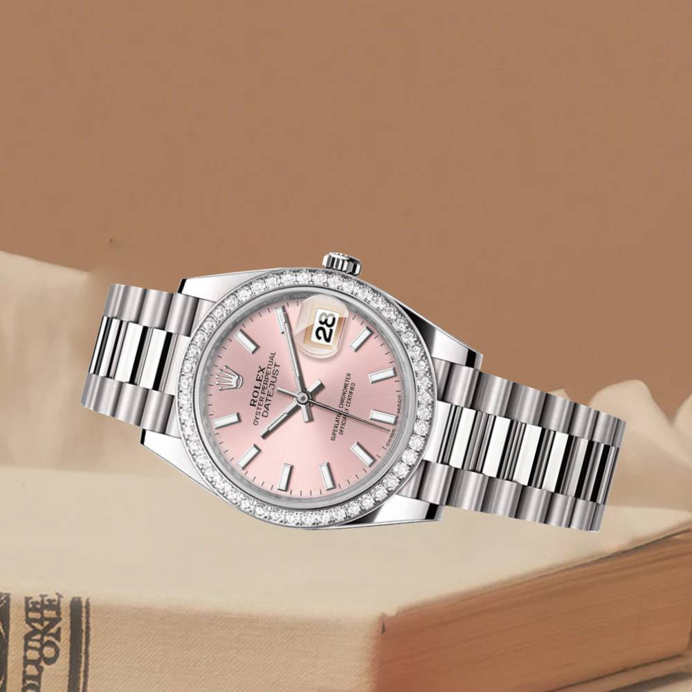 Rolex Lady-Datejust 28mm - Ref: 279136RBR pip - Pink Stick Dial & Diamond Bezel, Platinum Presidential Bracelet Women's Watch