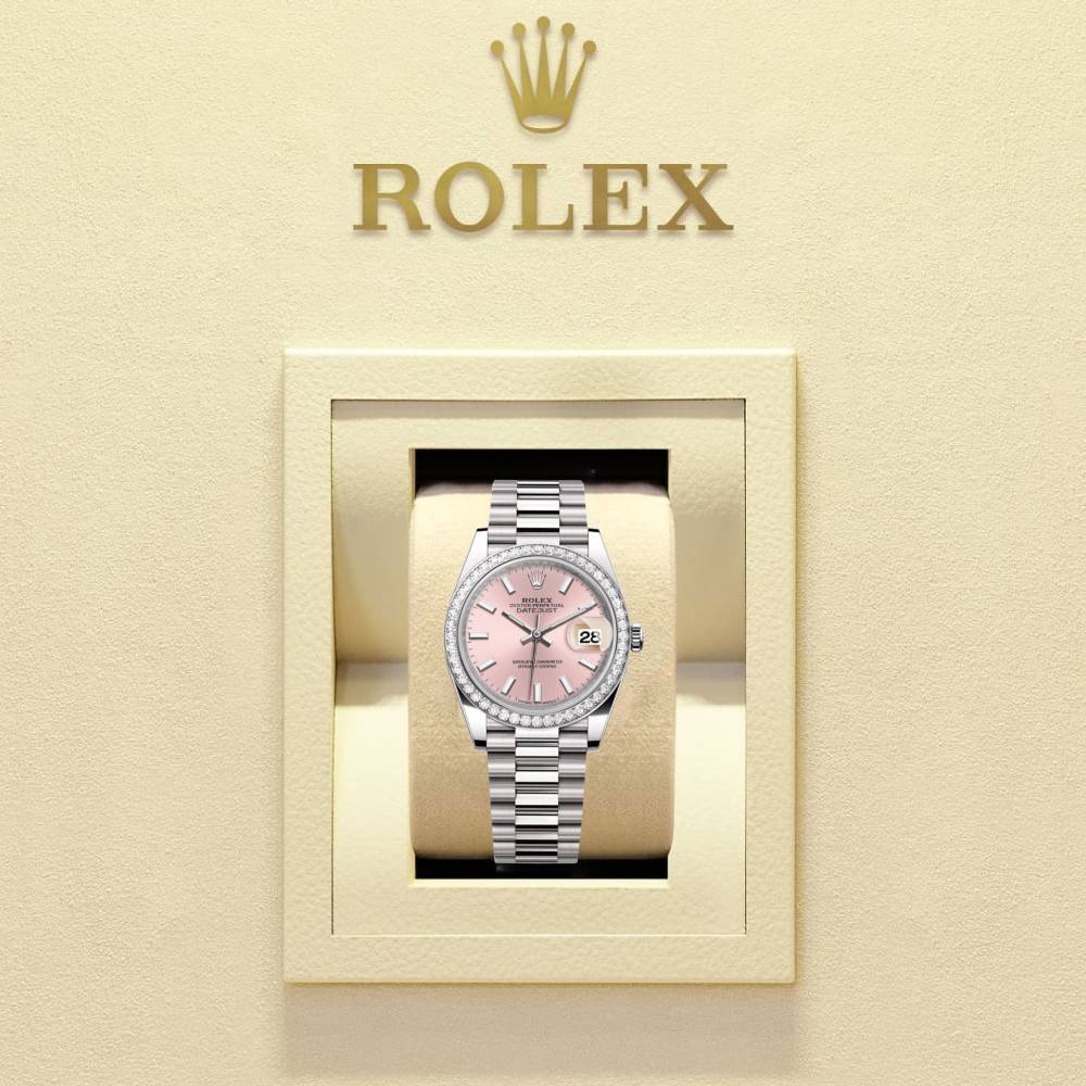 Rolex Lady-Datejust 28mm - Ref: 279136RBR pip - Pink Stick Dial & Diamond Bezel, Platinum Presidential Bracelet Women's Watch