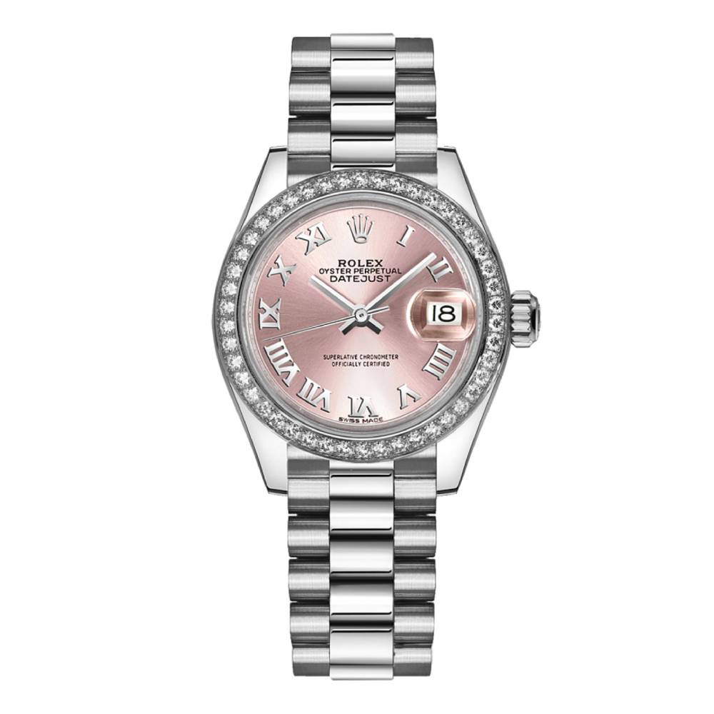 Rolex Lady-Datejust 28mm - Ref: 279136RBR prp - Pink Roman Diamond Dial & Diamond Bezel, Platinum Presidential Bracelet Women's Watch