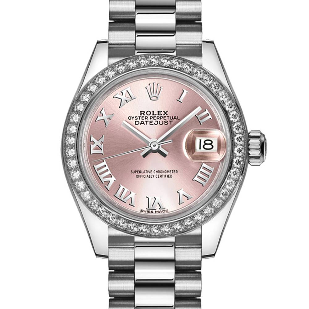 Rolex Lady-Datejust 28mm - Ref: 279136RBR prp - Pink Roman Diamond Dial & Diamond Bezel, Platinum Presidential Bracelet Women's Watch