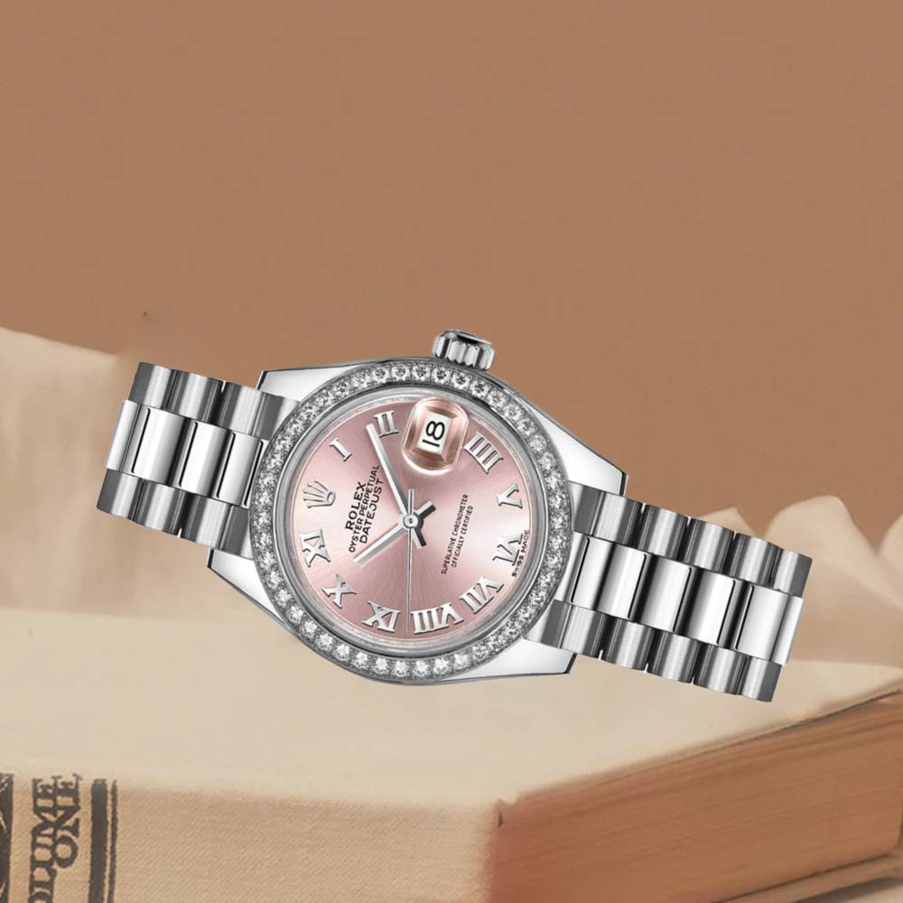 Rolex Lady-Datejust 28mm - Ref: 279136RBR prp - Pink Roman Diamond Dial & Diamond Bezel, Platinum Presidential Bracelet Women's Watch