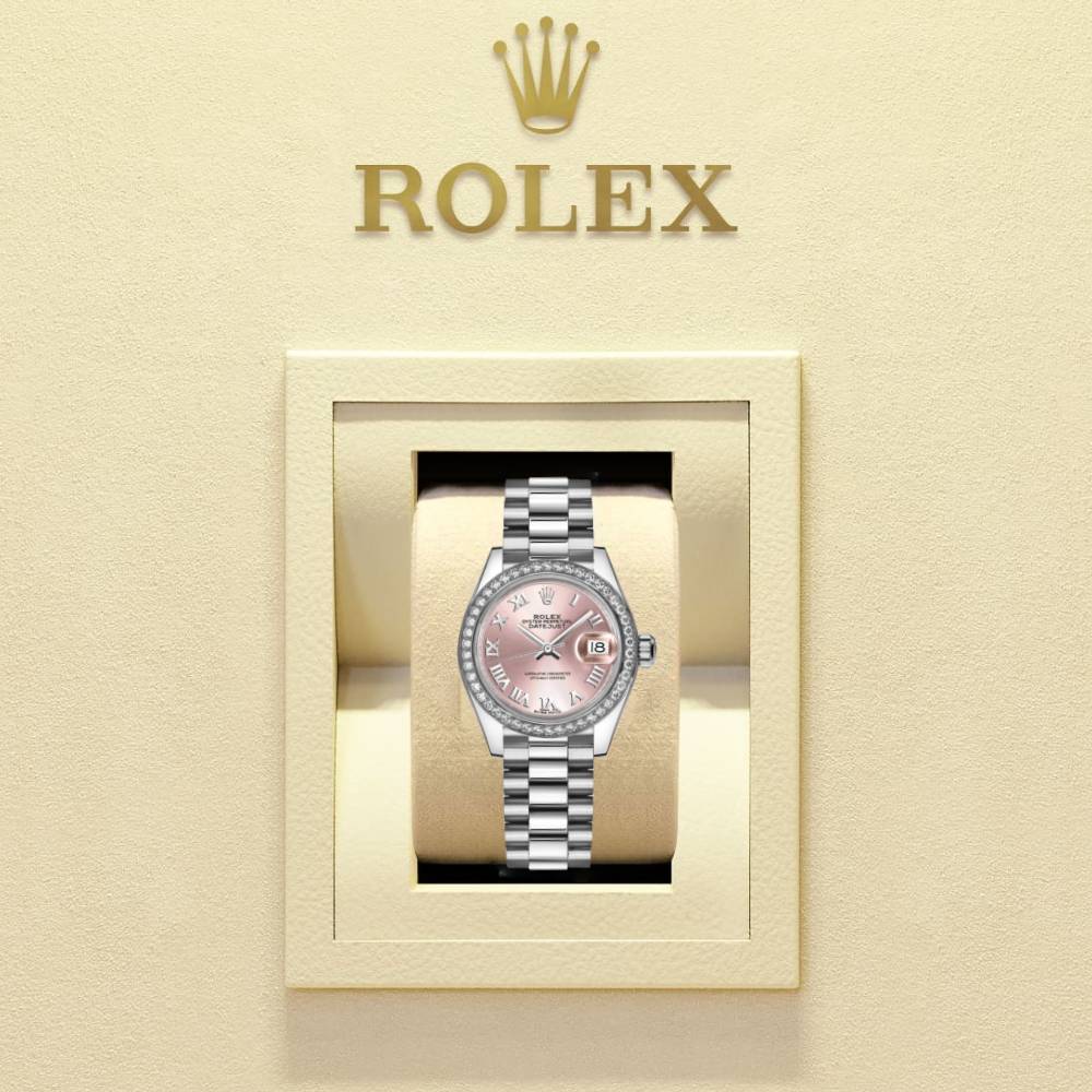 Rolex Lady-Datejust 28mm - Ref: 279136RBR prp - Pink Roman Diamond Dial & Diamond Bezel, Platinum Presidential Bracelet Women's Watch