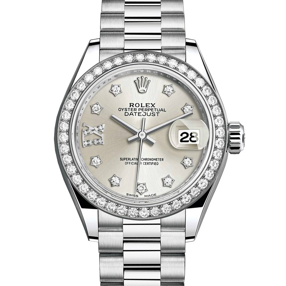 Rolex Lady-Datejust 28mm - Ref: 279136RBR s9dix8dp - Silver Diamond Dial & Diamond Bezel, Platinum Presidential Bracelet Women's Watch