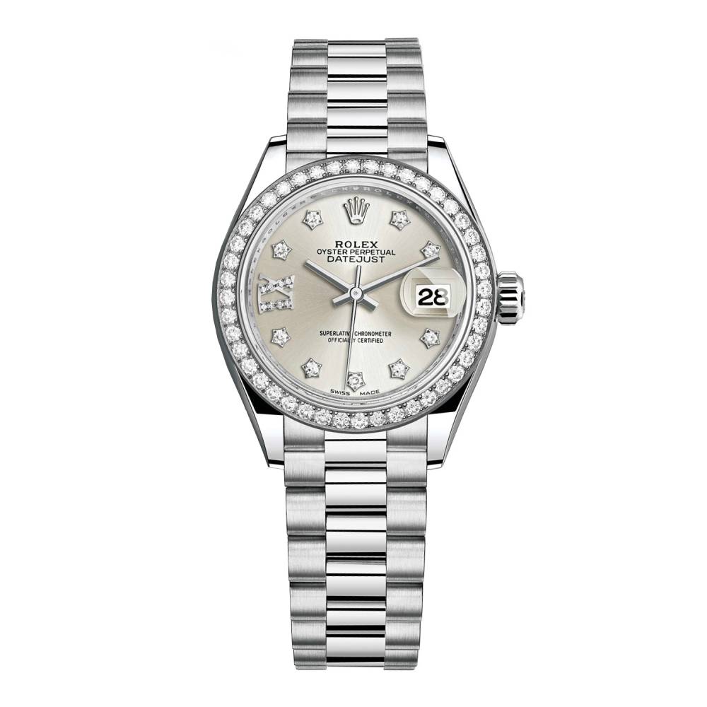 Rolex Lady-Datejust 28mm - Ref: 279136RBR s9dix8dp - Silver Diamond Dial & Diamond Bezel, Platinum Presidential Bracelet Women's Watch