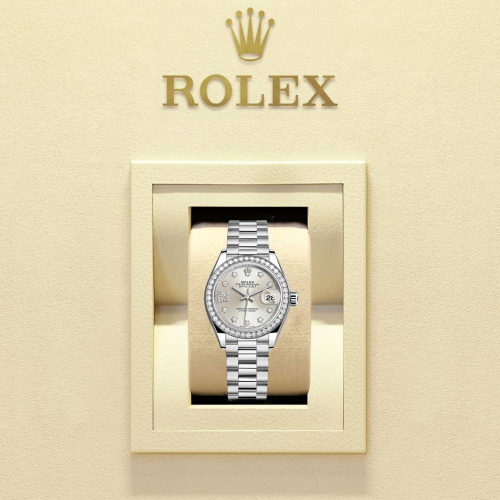 Rolex Lady-Datejust 28mm - Ref: 279136RBR s9dix8dp - Silver Diamond Dial & Diamond Bezel, Platinum Presidential Bracelet Women's Watch